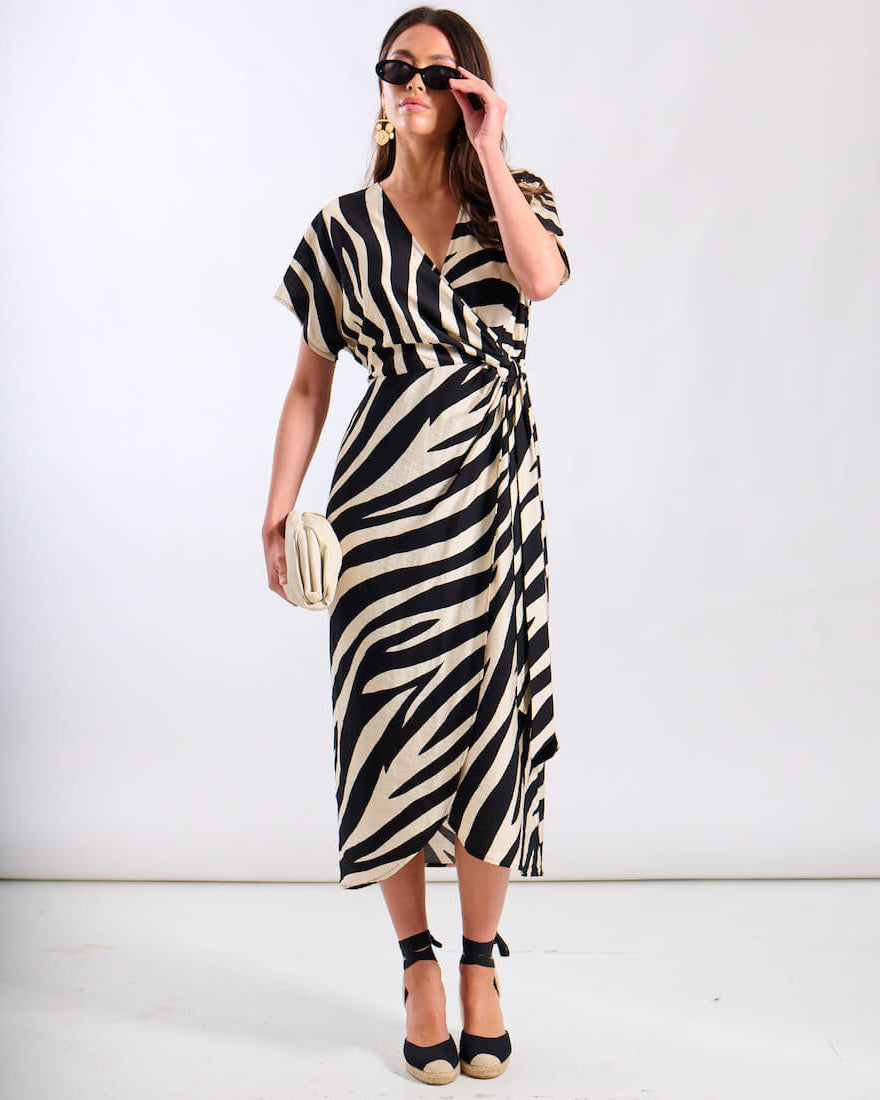 Animal Cream Wrap Midi Dress