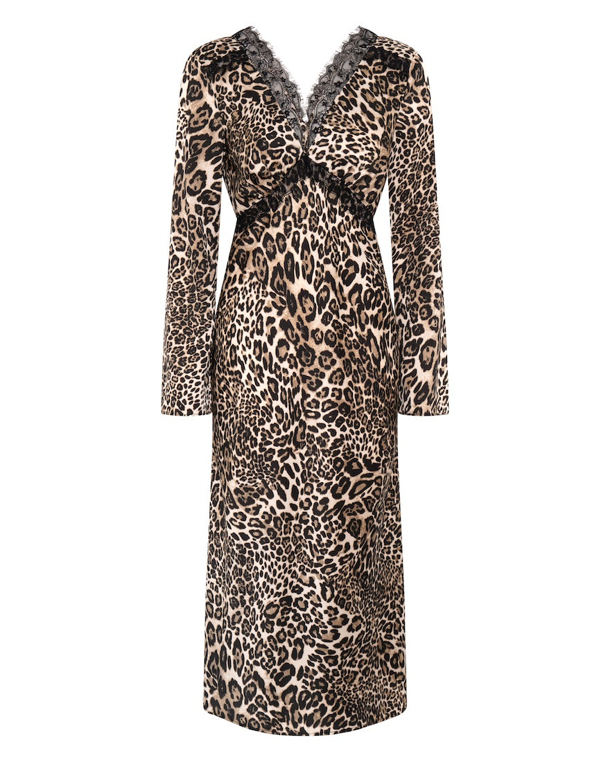 Animal Printed Long Sleeve Lace Midi Dress