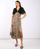 Animal Satin Mix Flutter Sleeve Midi Dress