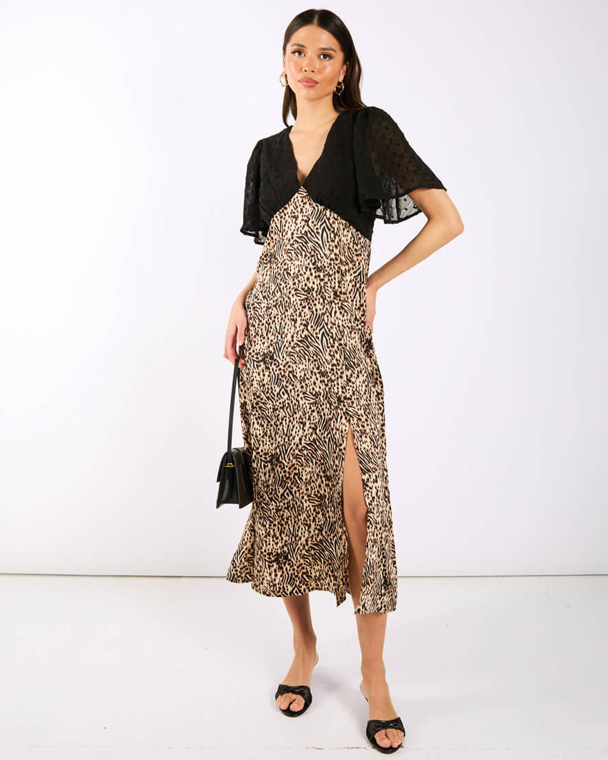 Animal Satin Mix Flutter Sleeve Midi Dress