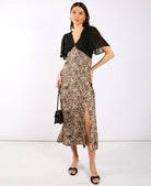 Animal Satin Mix Flutter Sleeve Midi Dress