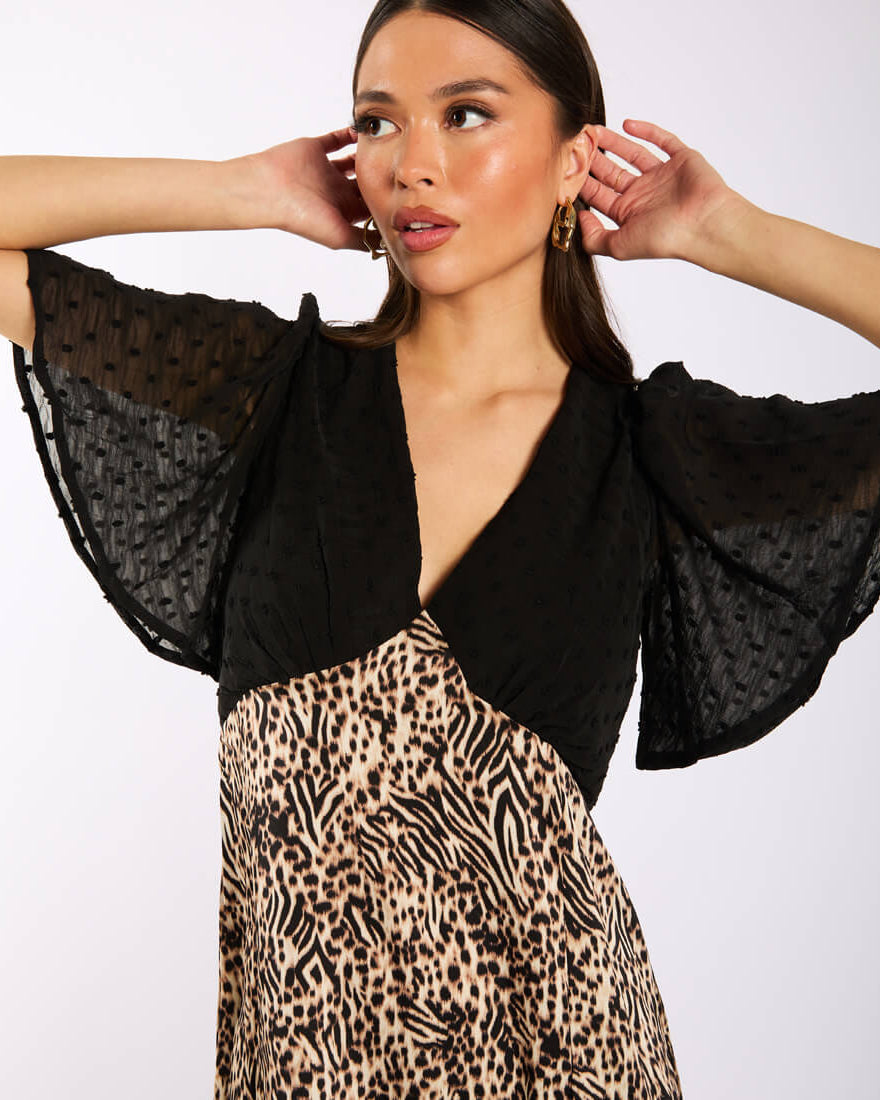 Animal Satin Mix Flutter Sleeve Midi Dress Details