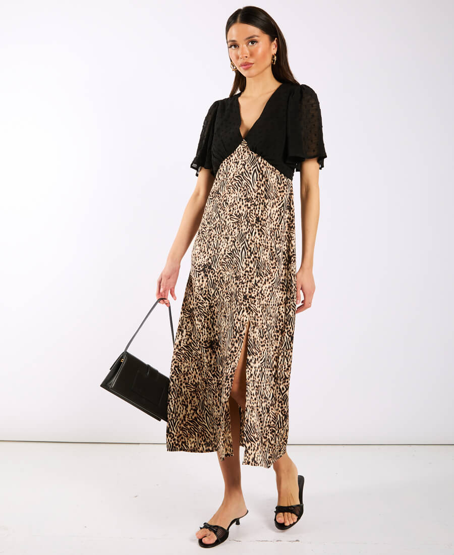 Animal Satin Mix Midi Dress