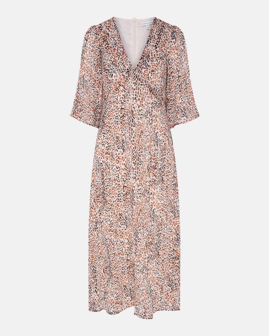 Animal print cream foil gold midi dress