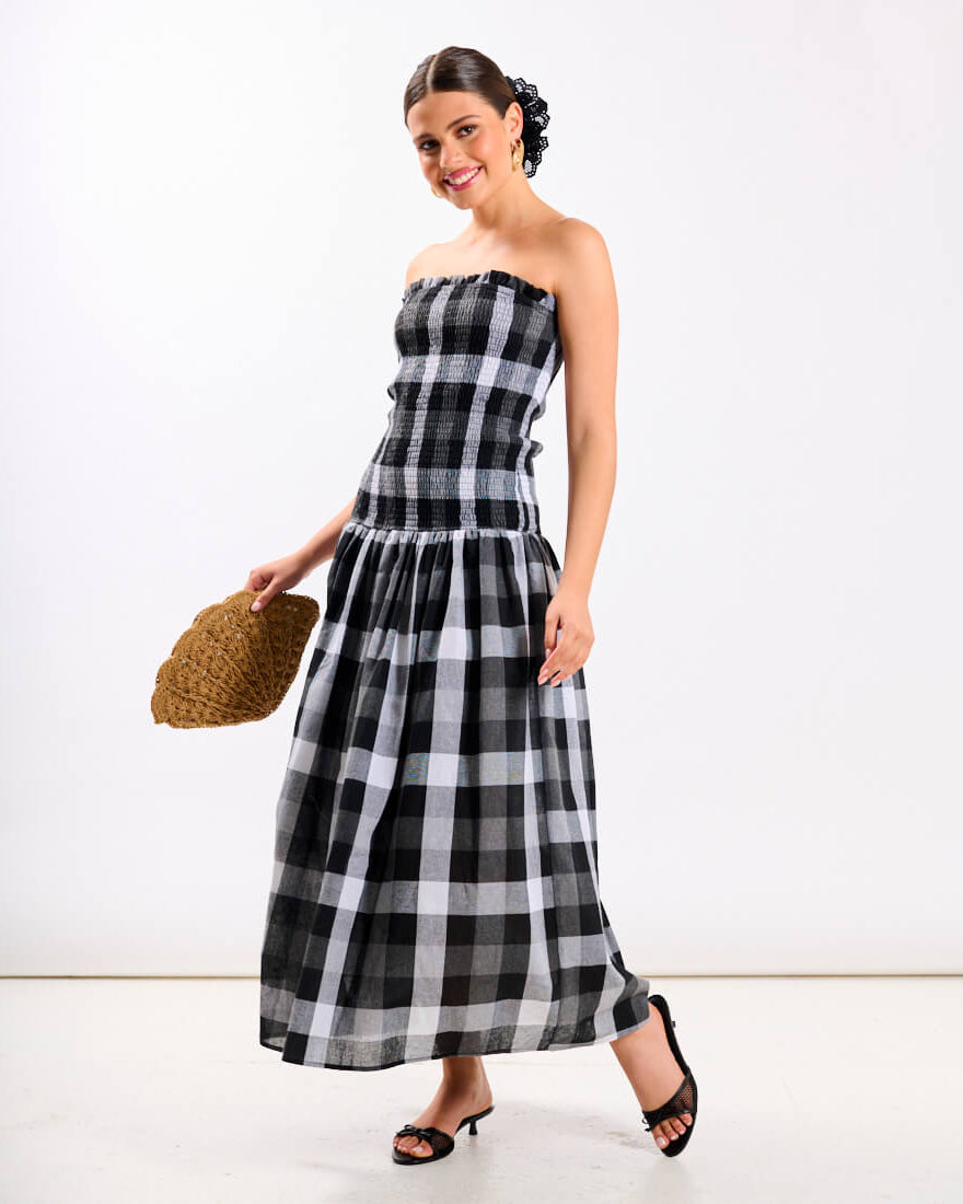Black Check Bandeau Midi Dress