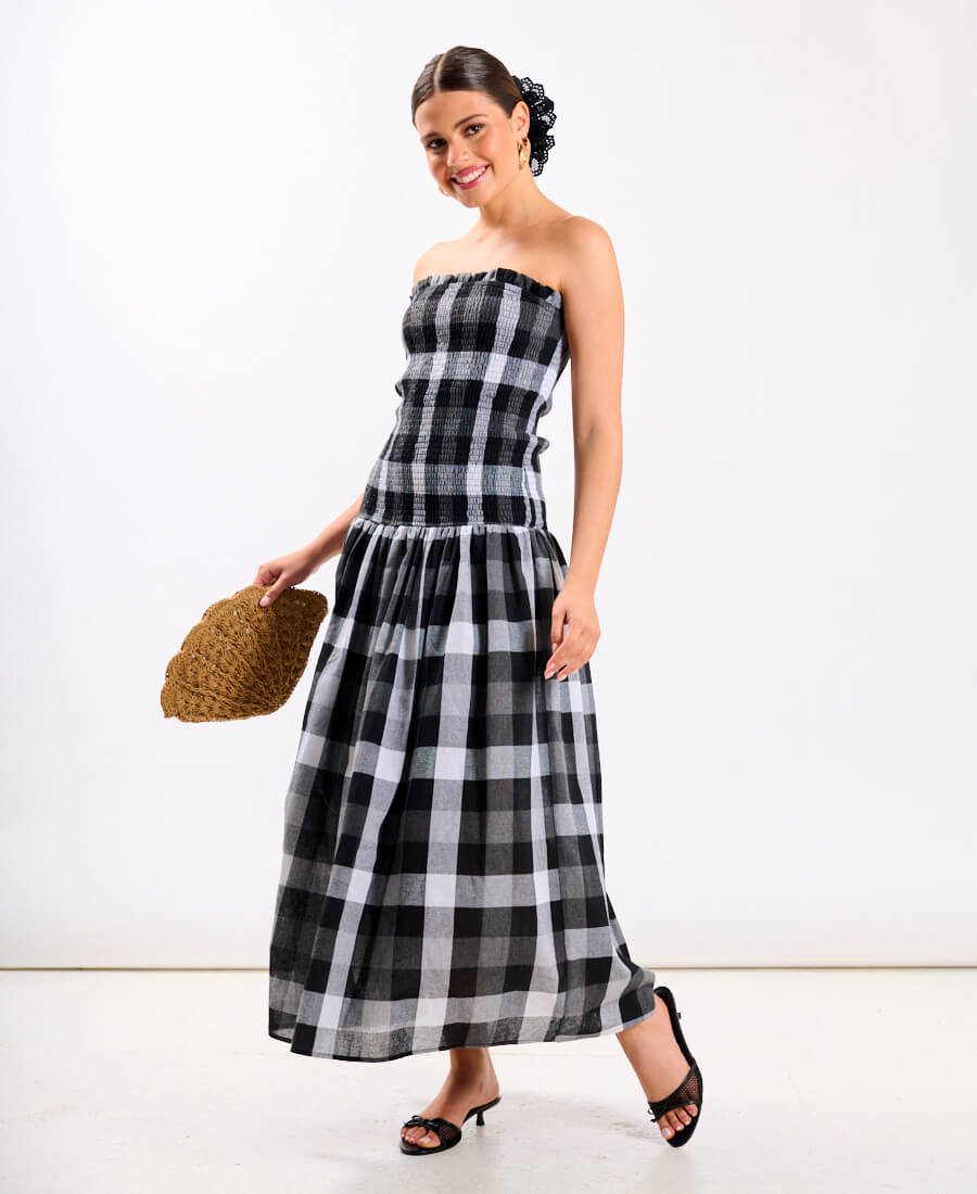 Black Check Bandeau Midi Dress