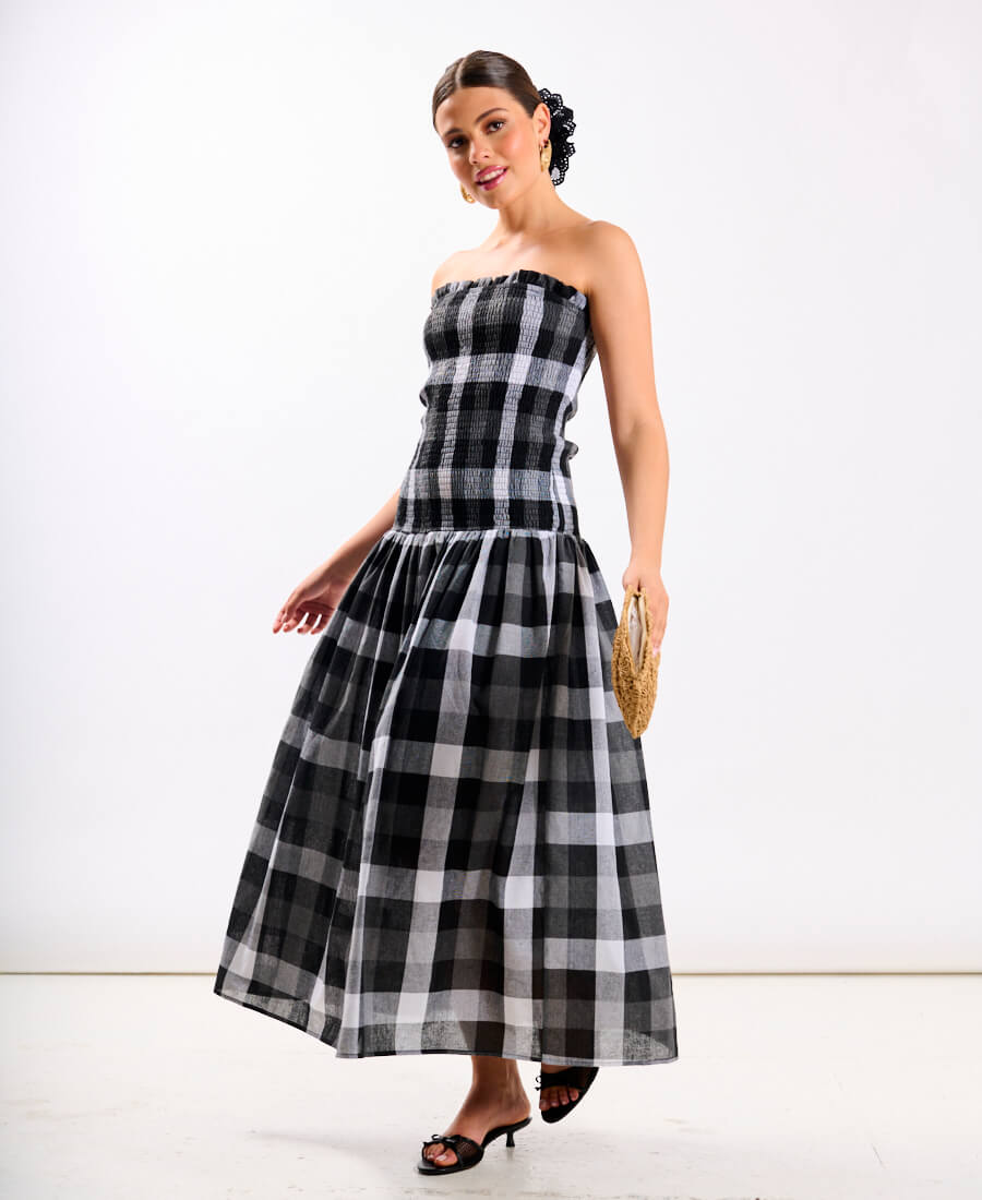 Black Check Bandeau Midi Dress