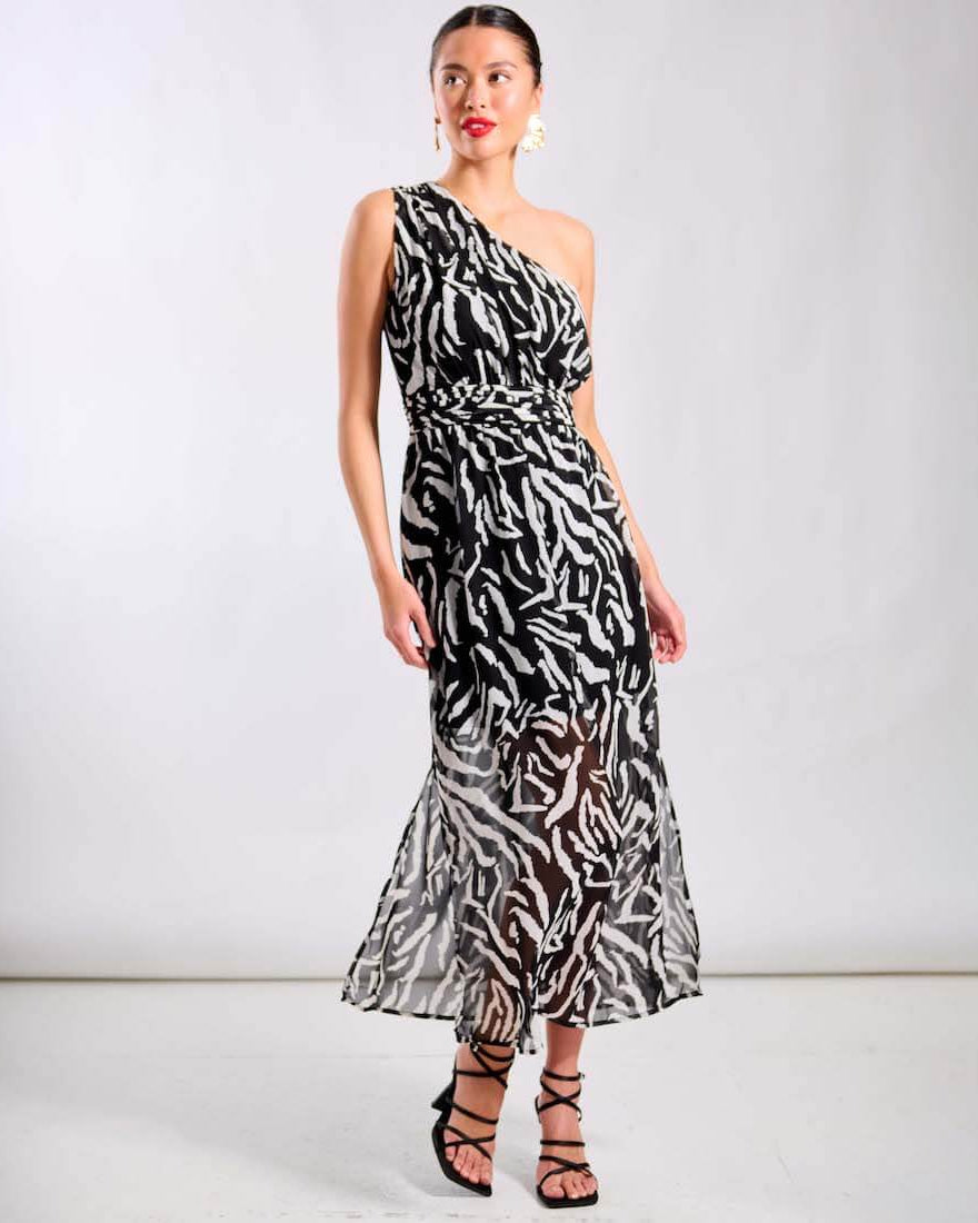Black Animal One Shoulder Occasion Midi Dress
