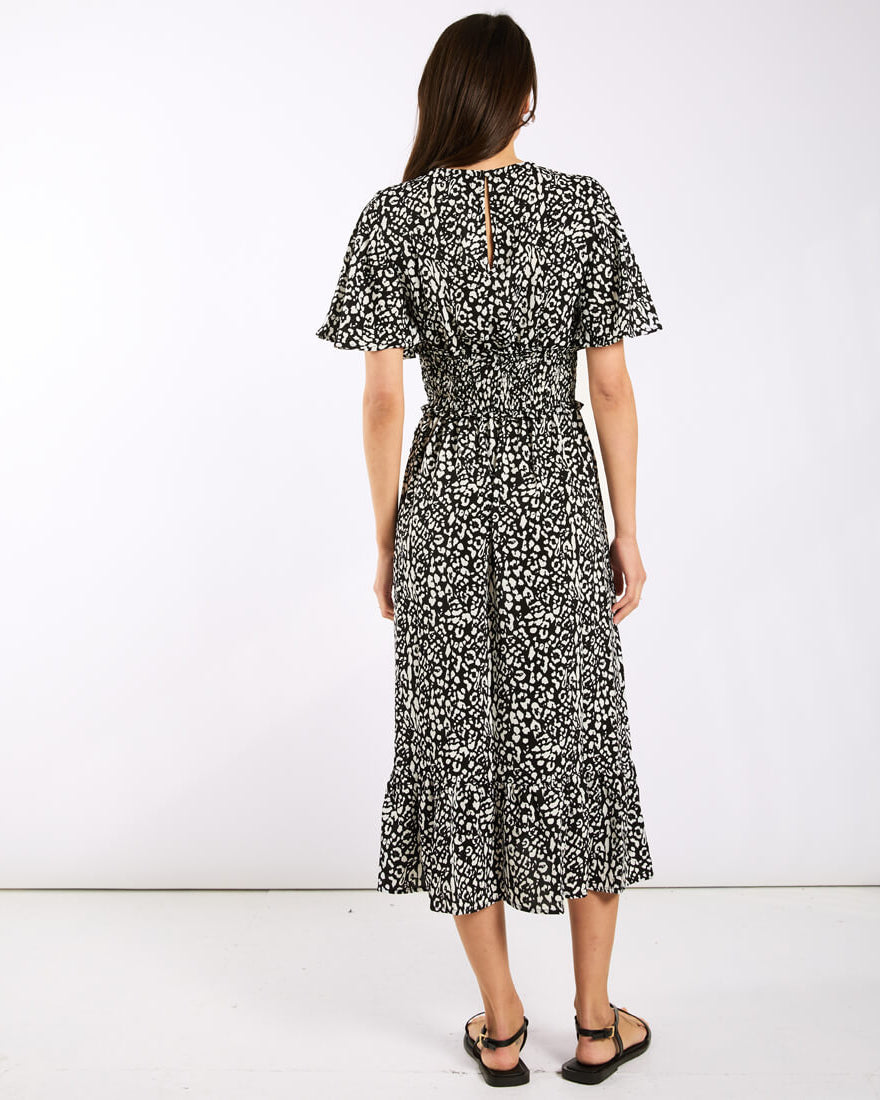 Black Animal Smock Waisted Midi Dress back