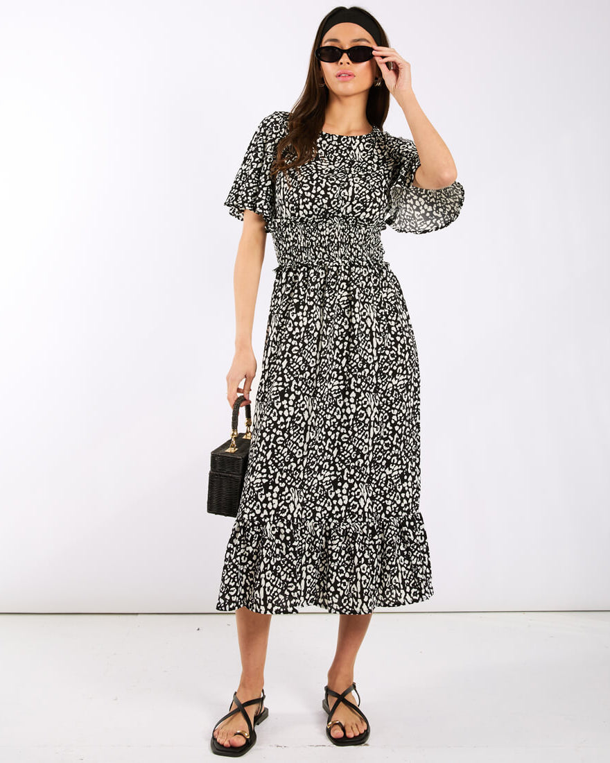 Black Animal Waisted Midi Dress