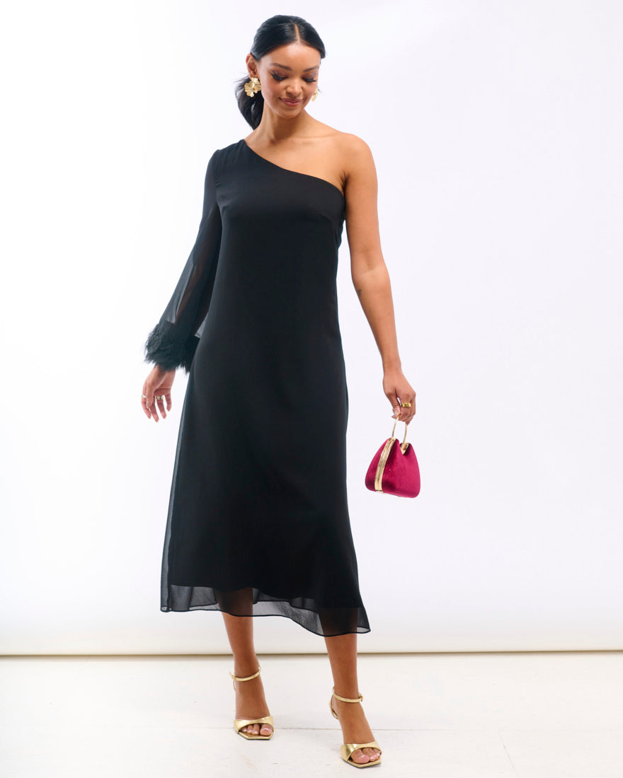 Black Asymmetric Feather Cuff Dress