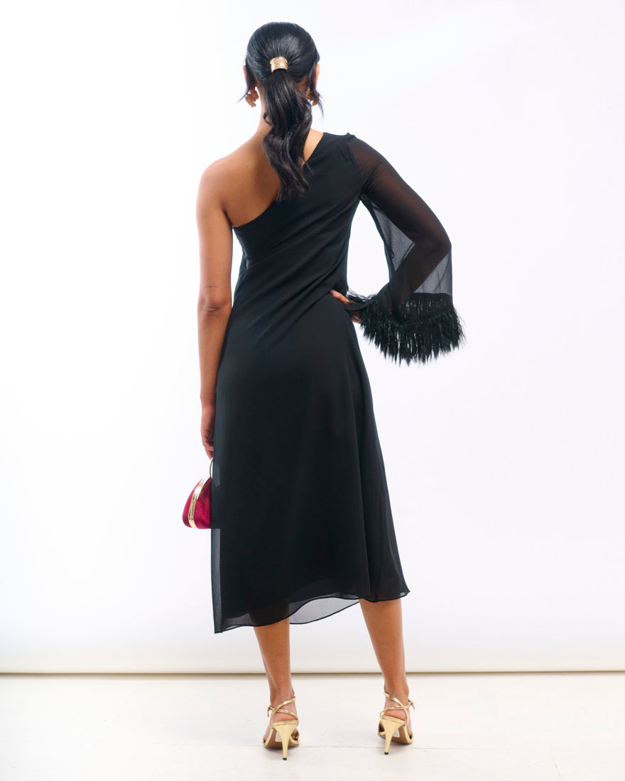 Black Asymmetric Feather Cuff Dress Back