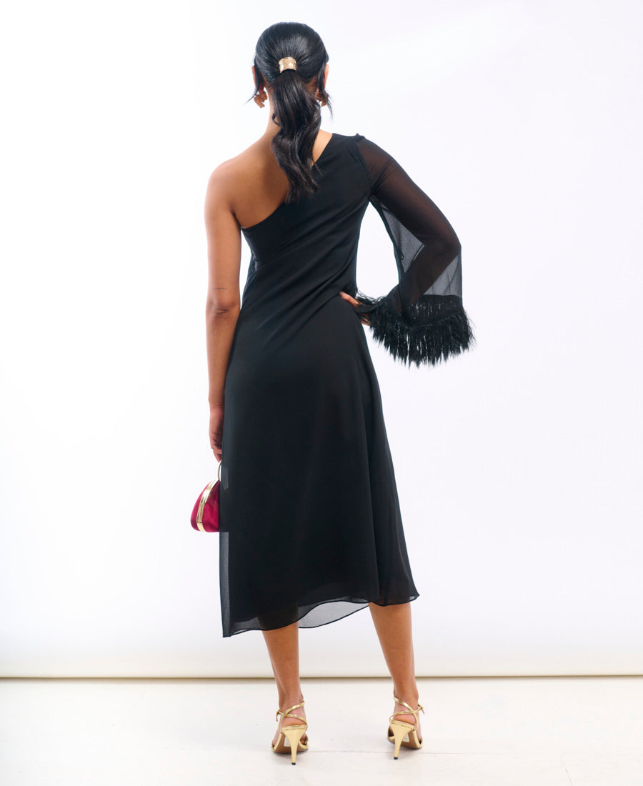 Black Asymmetric Feather Cuff Dress Back