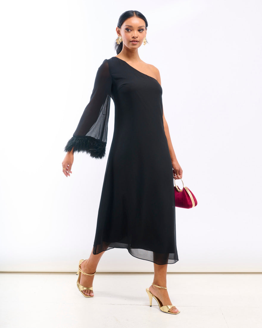 Black Asymmetric Feather Cuff Dress Maxi