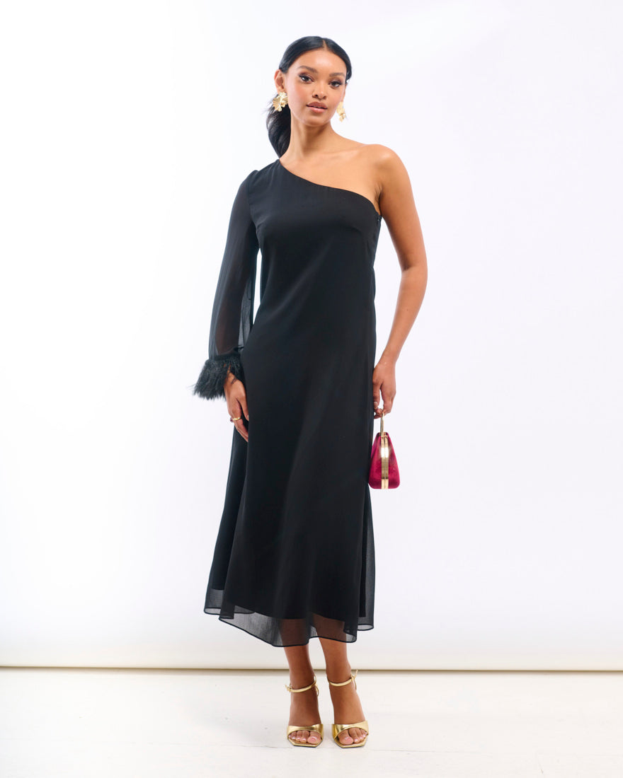 Black Asymmetric Feather Cuff Long Sleeve Dress