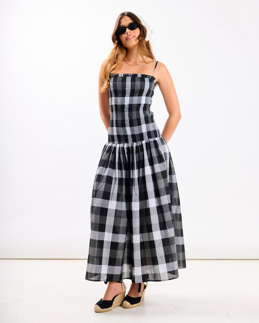 Black Check Bandeau Midi Dress