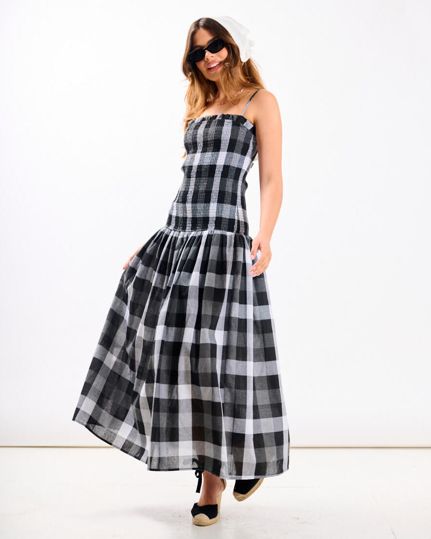 Black Check Bandeau Midi Dress