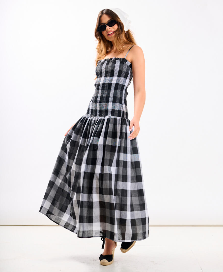Black Check Bandeau Midi Dress