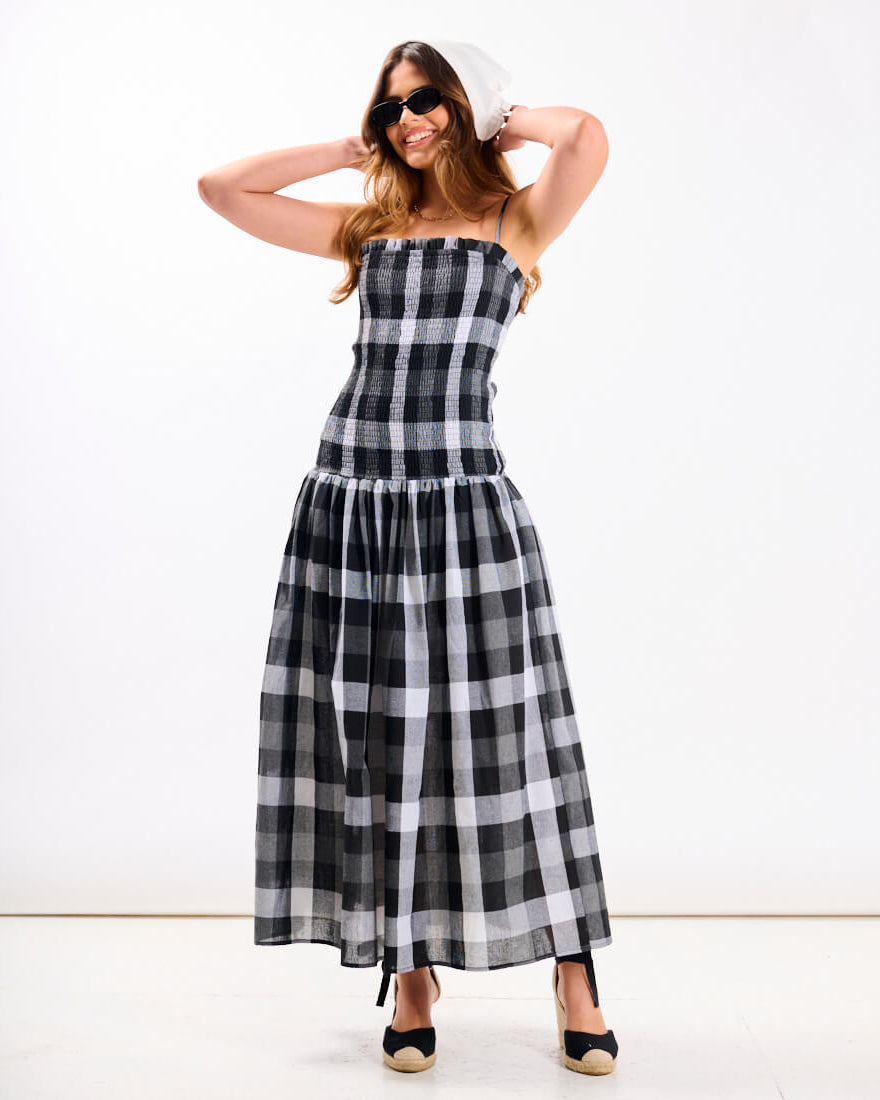 Black Check Bandeau Midi Dress
