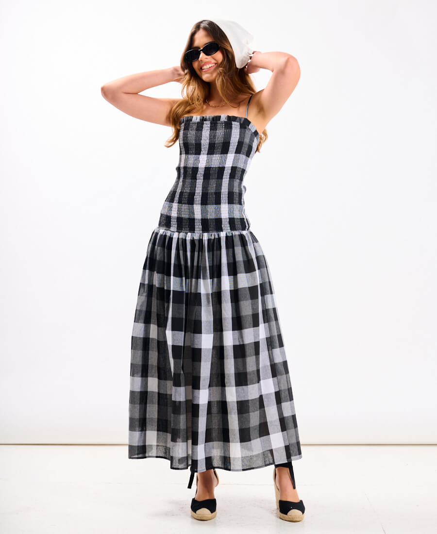 Black Check Bandeau Midi Dress