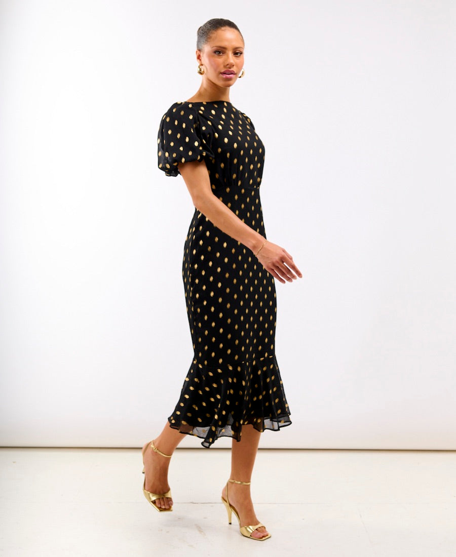 Black Chiffon Foil Puff Sleeve Midi Dress
