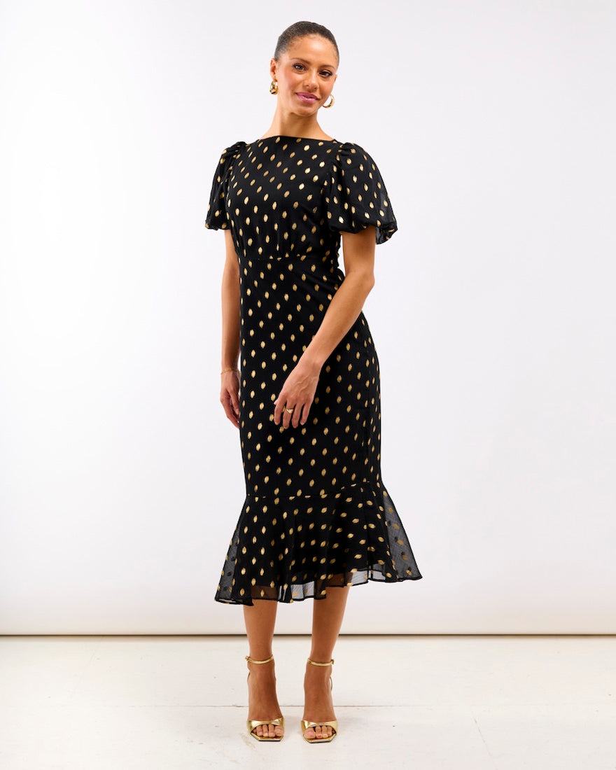Black Chiffon Foil Puff Sleeve Midi Dress