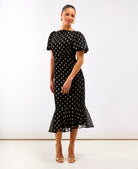 Black Chiffon Foil Puff Sleeve Midi Dress