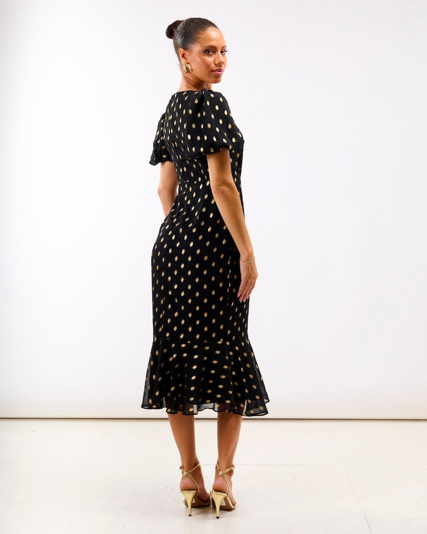 Black Chiffon Foil Puff Sleeve Midi Dress