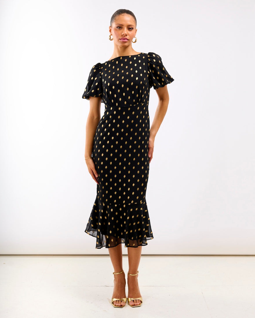 Black Chiffon Foil Puff Sleeve Midi Dress
