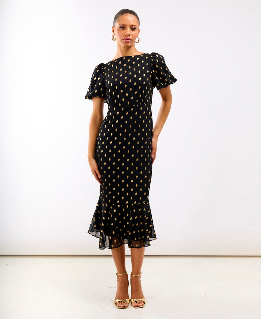 Black Chiffon Foil Puff Sleeve Midi Dress