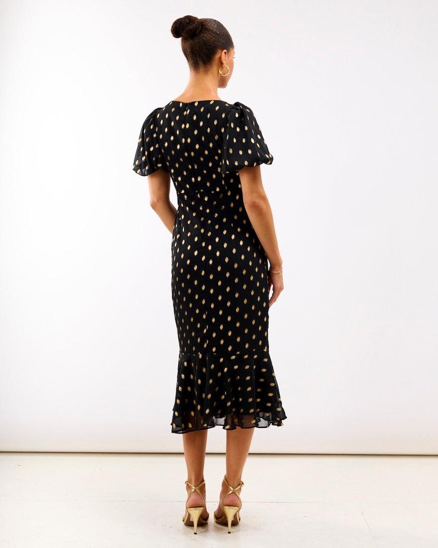 Black Chiffon Foil Puff Sleeve Midi Dress