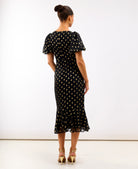 Black Chiffon Foil Puff Sleeve Midi Dress