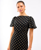 Black Chiffon Foil Puff Sleeve Midi Dress
