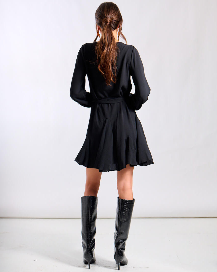 Black Crepe Belted Flare Dress