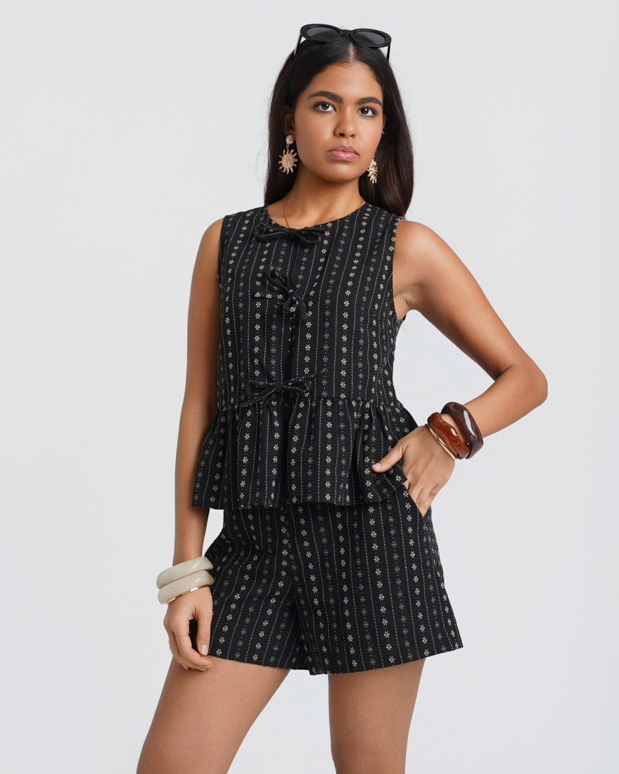 Black Floral Tie Front Peplum Top