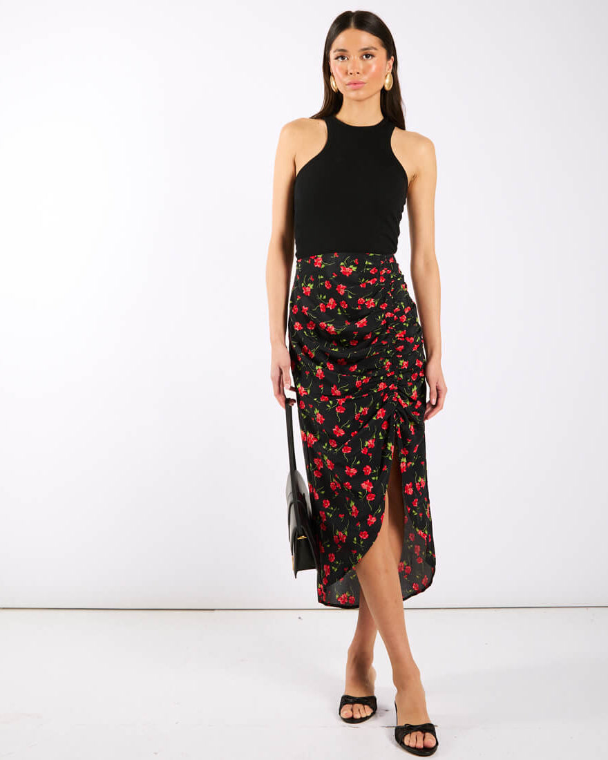 Black Floral Ruche Side Midi Skirt