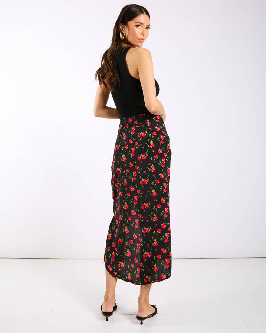 Black Floral Ruche Side Midi Skirt Side