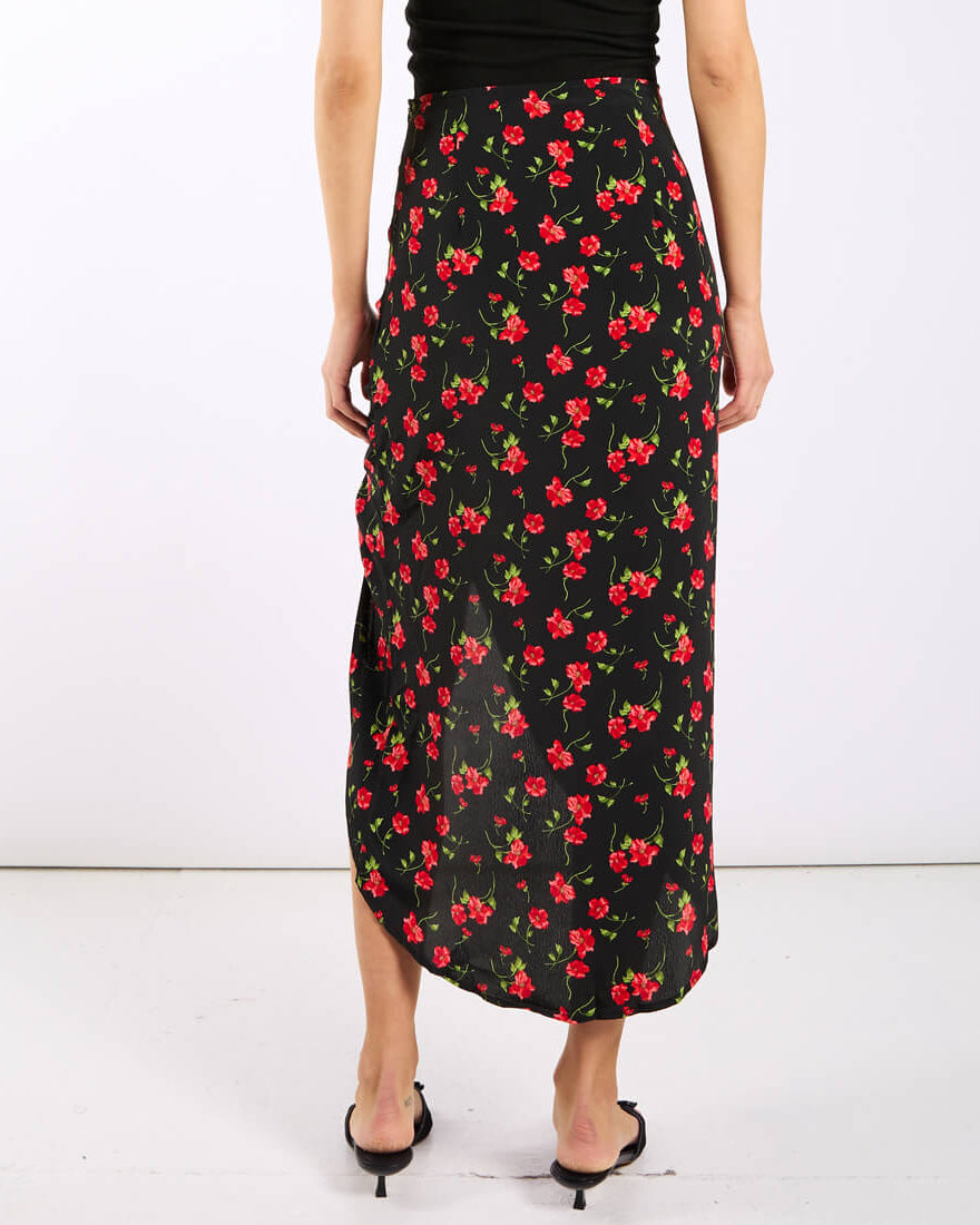 Floral Black Ruche Side Midi Skirt Back