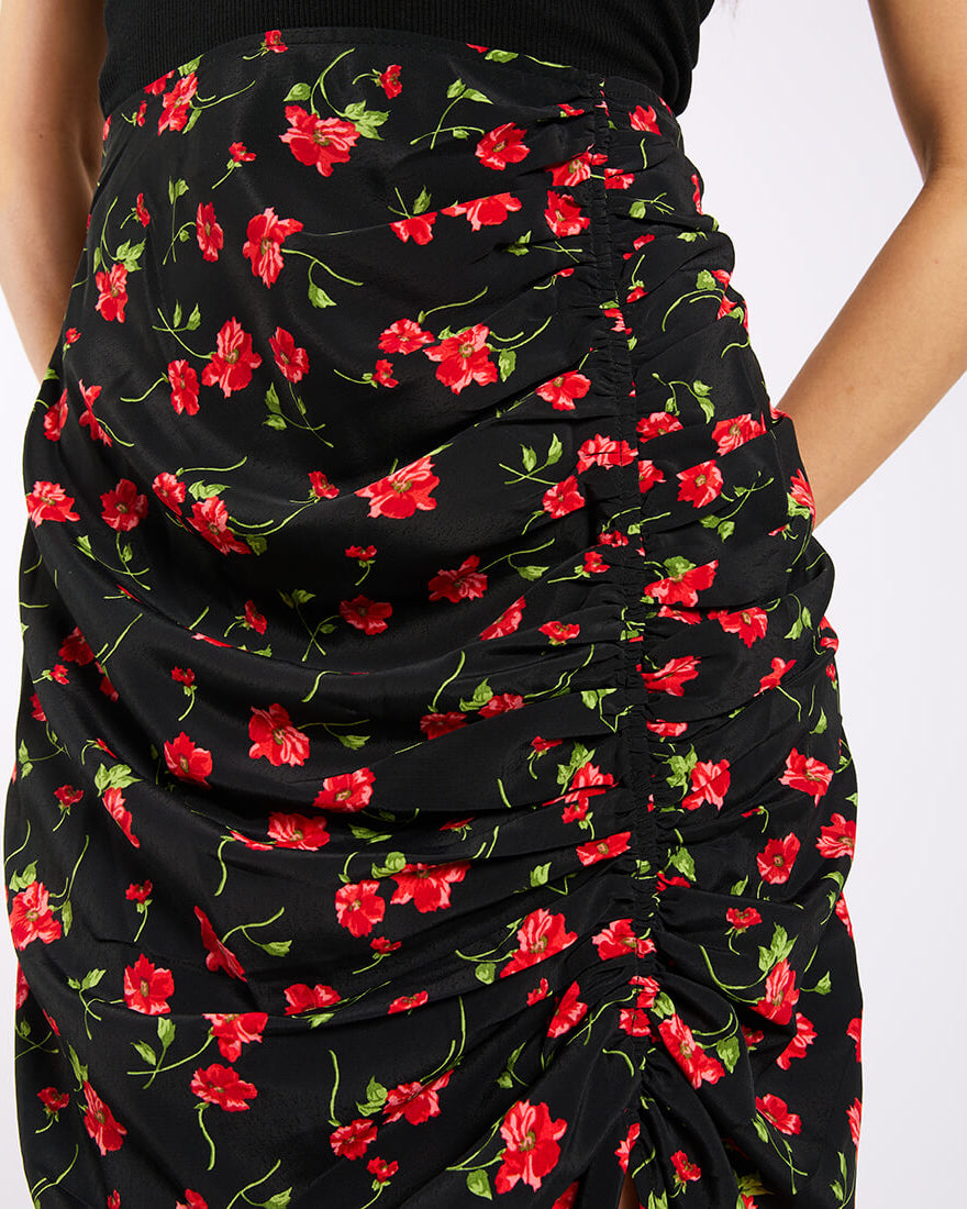 Black Floral Ruche Side Midi Skirt details