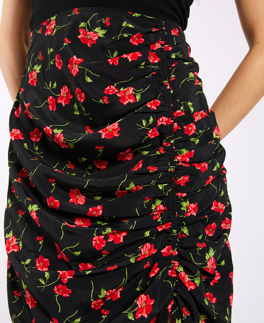 Black Floral Ruche Side Midi Skirt details