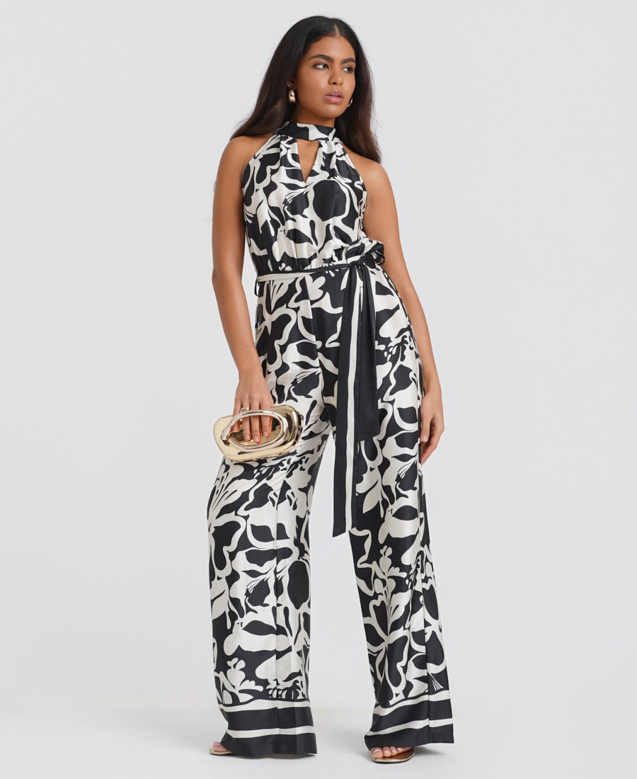 Black Floral Satin Halter neck Jumpsuit
