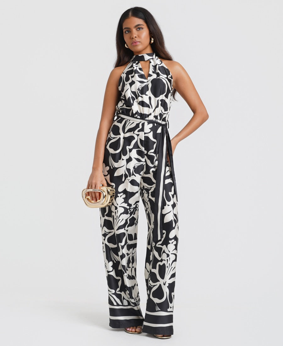 Black Floral Satin Halterneck Jumpsuit