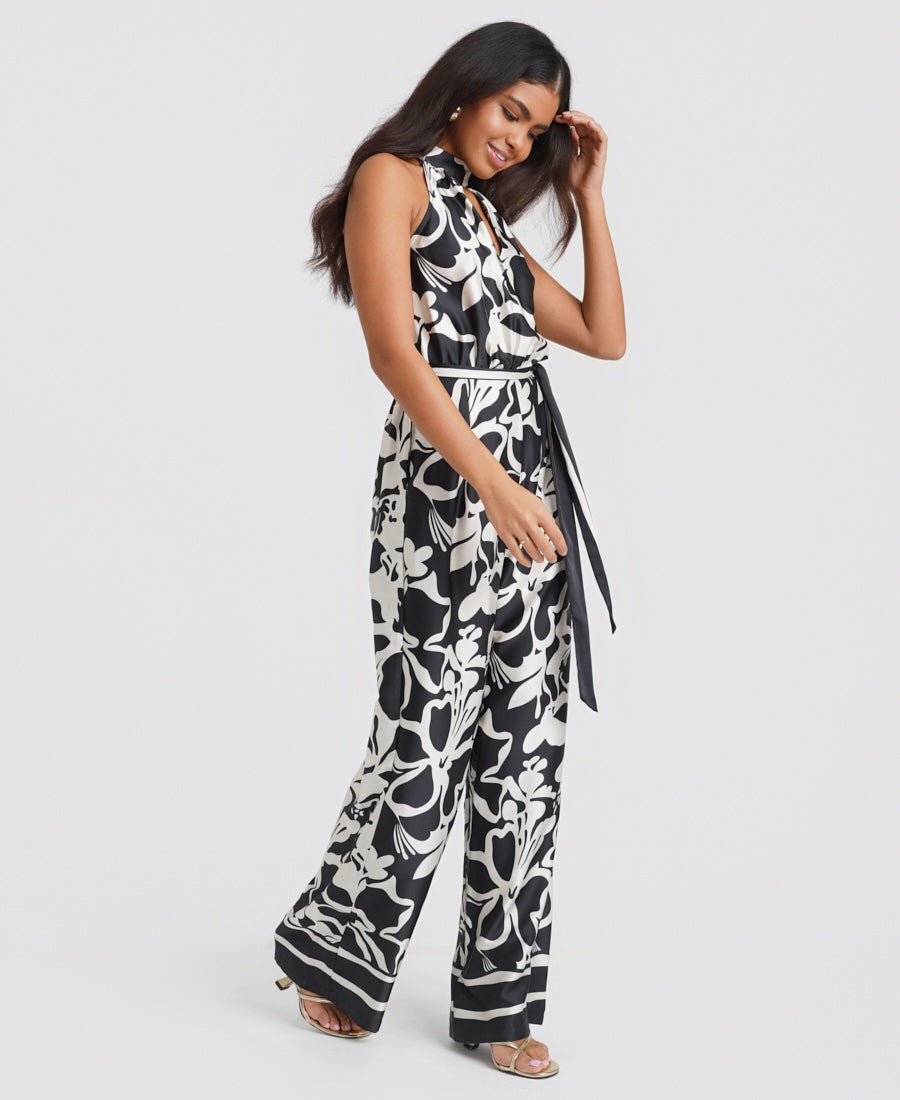 Black Floral Satin Halterneck Jumpsuit with tie