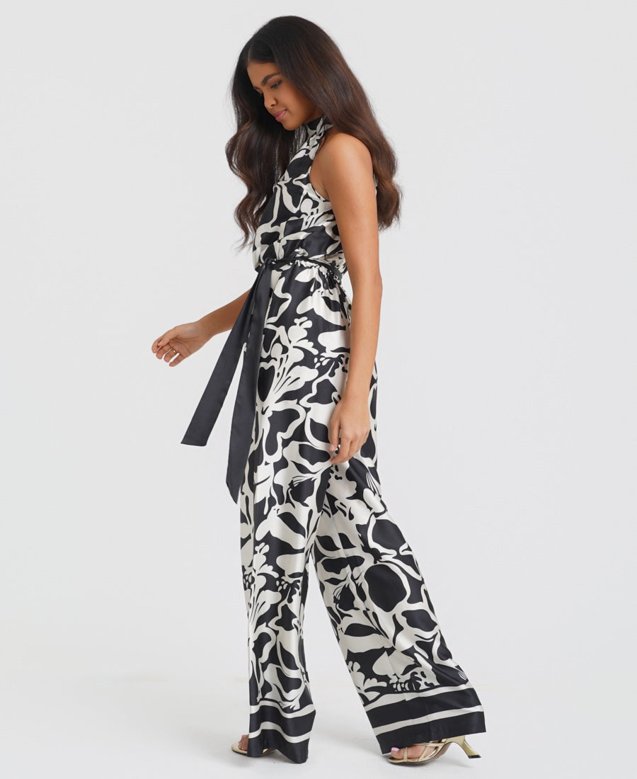 Black Floral Satin Halterneck Jumpsuit with waist tie