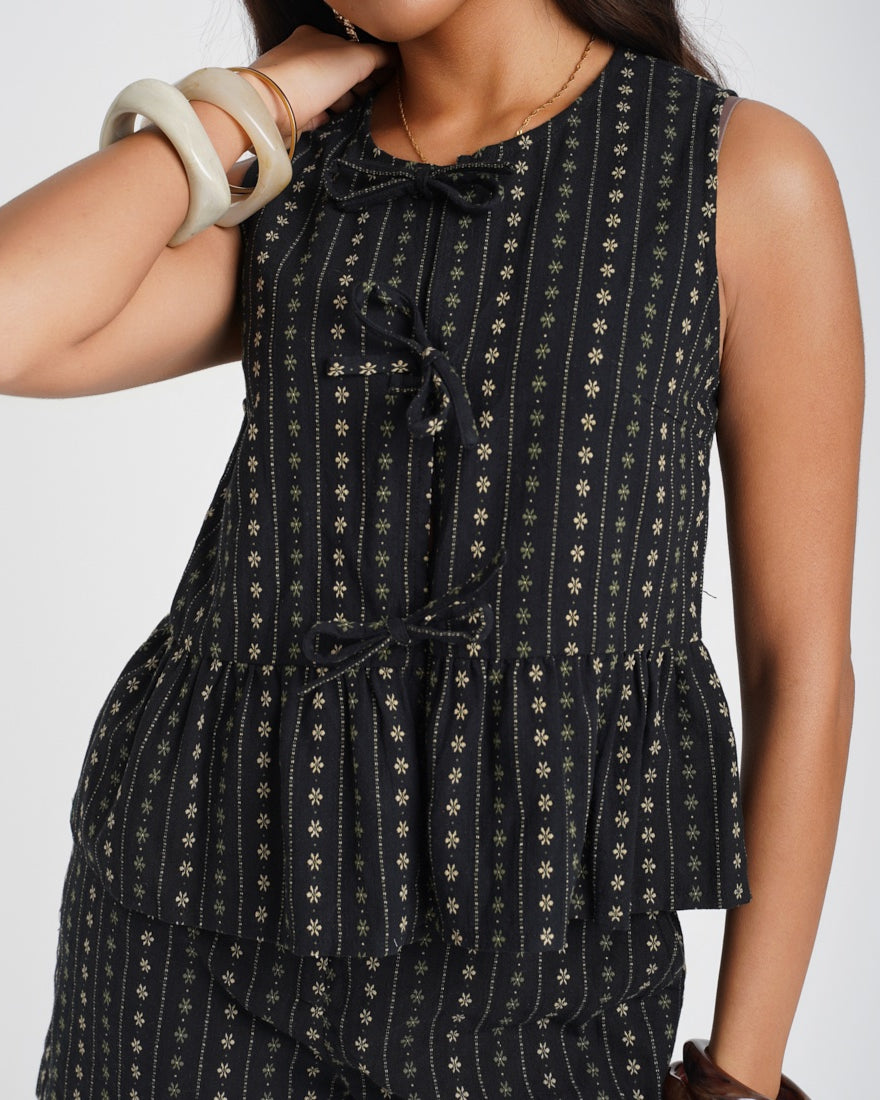 Black Floral Tie Front Peplum Top