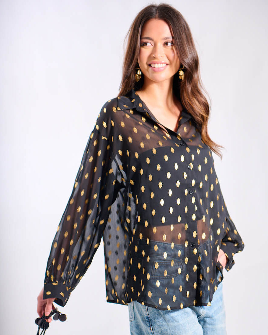 Black Foil Chiffon Oversize Shirt