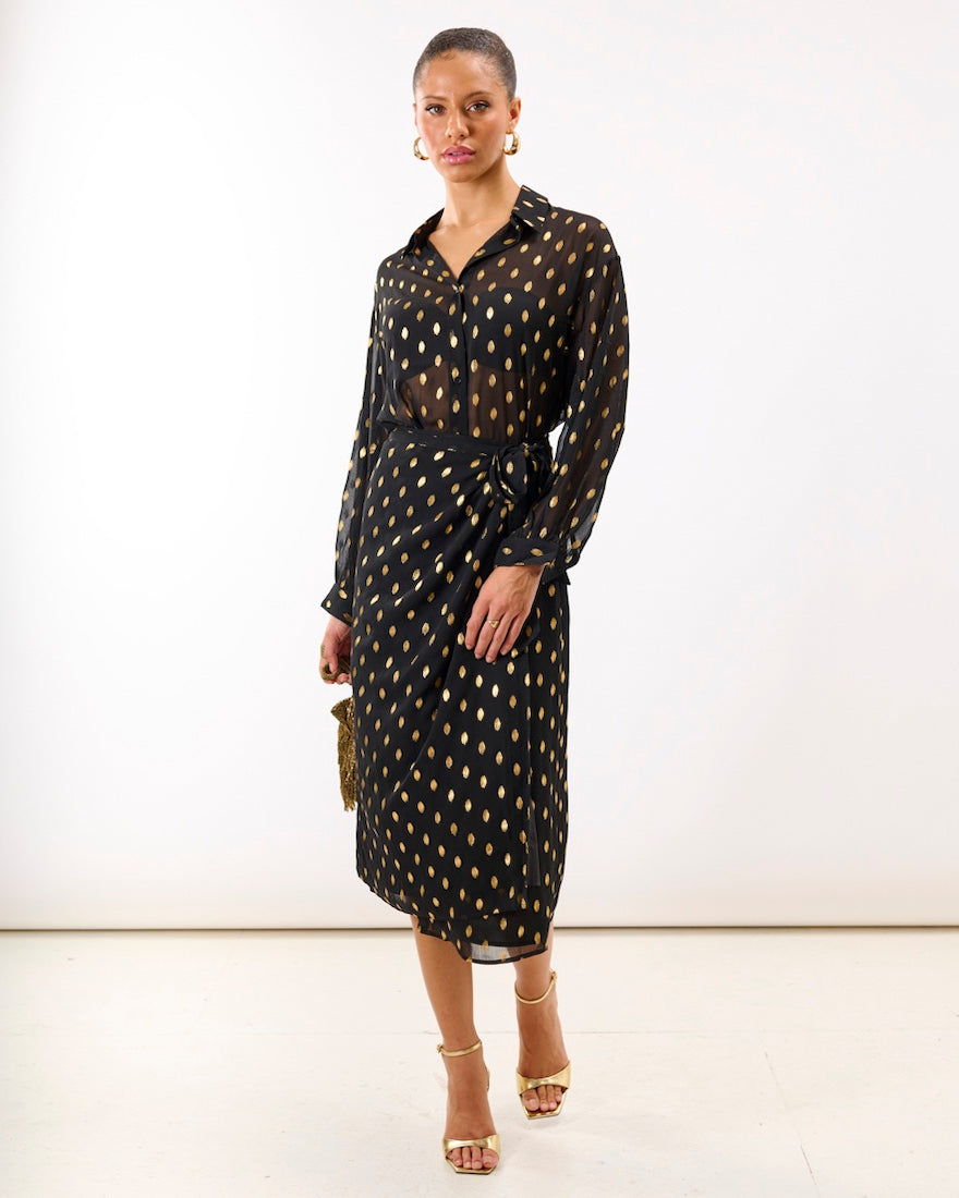 Black Foil Wrap Midi Skirt