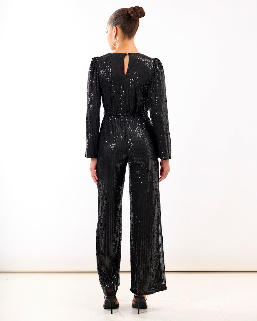 Black Sequin Jersey Jumpsuit back