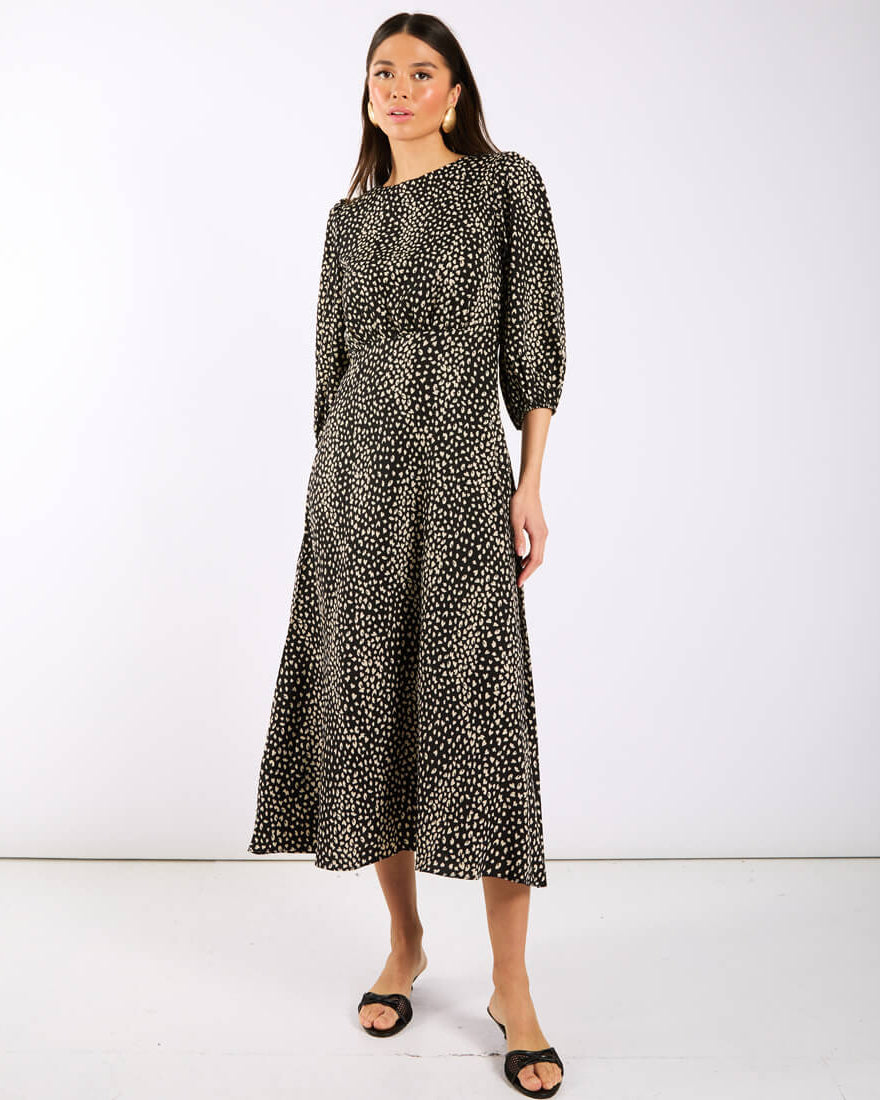 Black Spotty three quarter Sleeve Midi Dress