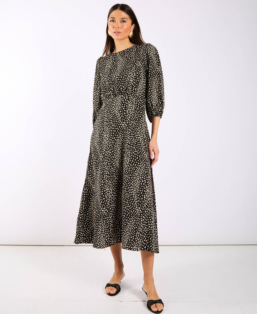 Black Spotty three quarter Sleeve Midi Dress